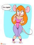  2019 3_toes 4_fingers aerola_slip ahegao anthro blue_eyes blush breasts chip_&#039;n_dale_rescue_rangers cleavage clothed clothing dialogue digital_media_(artwork) disney english_text female fur furboz gadget_hackwrench gym_clothes hair leotard long_hair looking_pleasured mammal mouse pants pose rodent simple_background solo tan_fur text thin_tail tight_clothing toes wedgie wet wet_clothing wet_pants 