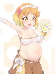  1girl akai_(riaakai) armpits blonde_hair blush breasts cleavage collarbone endro! erect_nipples eyebrows eyebrows_visible_through_hair fai_fai flower gloves groin hair_flower hair_ornament hairband large_breasts navel open_mouth paw_gloves paws pregnant sagging_breasts shiny shiny_hair shiny_skin short_hair simple_background solo two-tone_background white_background yellow_eyes 
