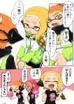  1boy 2girls black_shirt blonde_hair blush blush_stickers dark_skin domino_mask earmuffs fan fangs glowstick headgear highres inkling makeup mascara mask medium_hair multiple_girls octarian octoling open_mouth orange_eyes orange_hair pointy_ears red_hair shirt short_eyebrows shorts single_sleeve smile snack splatoon splatoon_(series) splatoon_2 splatoon_2:_octo_expansion squid squidbeak_splatoon suction_cups tentacle_hair tona_bnkz translation_request vest yellow_coat yellow_vest 