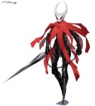  1girl armor black_armor chains clenched_hands cloak commentary english_commentary eye_socket full_armor full_body helmet highres holding holding_weapon hollow_knight horned_helmet hornet_(hollow_knight) humanization nisetanaka realistic red_cloak solo sword weapon white_background 
