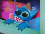  2019 4_fingers alien bed black_eyes blue_claws blue_fur blue_nose claws disney experiment_(species) fur head_tuft lilo_and_stitch notched_ear nourifouzi open_mouth open_smile smile solo stitch window 
