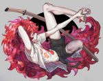  1other androgynous arm_up barefoot black_shorts duto_(lik7086) full_body grey_background highres houseki_no_kuni katana long_hair padparadscha_(houseki_no_kuni) red_eyes red_hair shirt shorts simple_background sword very_long_hair weapon white_shirt 