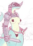  2019 anthro armor breasts cat-boots claws clothed clothing digital_media_(artwork) female helmet holding_object melee_weapon pauldron reptile sack scales scalie skimpy solo standing sword teeth weapon 