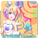  1girl :d abstract abstract_background album_cover animal_ears blonde_hair blue_eyes blush breasts cat_ear_headphones cover female headphones heart highres looking_at_viewer nail_polish neck neptor_kriegor open_mouth self_upload shirt short_hair skirt small_breasts smile solo solo_focus standing star tagme tail white_shirt white_skirt 