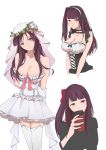  1girl absurdres alternate_costume bangs bare_shoulders blunt_bangs blush breasts bridal_veil bride choker cleavage coffee_cup corset cropped_arms cropped_torso cup danxing_aipangzi disposable_cup dress forehead garter_straps girls_frontline head_tilt highres lace lace_choker large_breasts long_hair looking_away maid multiple_views nose_blush purple_hair red_eyes sidelocks strapless strapless_dress veil wa2000_(girls_frontline) wedding_dress white_background white_legwear 