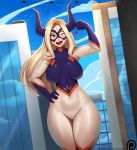  1girl artist_name blonde_hair blush bodysuit boku_no_hero_academia breasts buildings domino_mask doomthewolf giantess hand_on_hip heart highres large_breasts long_hair mask mount_lady one_eye_closed open_mouth purple_eyes smile solo thick_thighs thighs wide_hips 