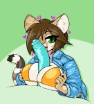  2019 80&#039;s_theme anthro big_breasts bikini breasts cleavage clothed clothing digital_drawing_(artwork) digital_media_(artwork) disembodied_penis domestic_cat duo erection felid feline felis female fur hair helia_peppercats_(wrinklynewt) hi_res huge_breasts jean_jacket jeans licking limebreaker looking_at_viewer male mammal oral pants penis sex smile solo_focus swimsuit titfuck tongue tongue_out 