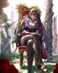  1girl absurdres arm_support bare_shoulders blue_eyes breasts brown_hair chin_rest cleavage column elbow_gloves fishnets flower fujifuji924 gloves granblue_fantasy hair_between_eyes hand_on_own_knee highres jewelry legs_crossed lips long_hair pillar plant rose rosetta_(granblue_fantasy) smile smirk solo statue strapless thighhighs thighs throne very_long_hair vines 