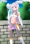  1girl absurdres armor bikini_armor black_legwear blush boots breasts brick_wall collarbone elbow_gloves elf elnowar_seylan endro! eyebrows eyebrows_visible_through_hair gloves groin hair_ornament hairband highres long_hair midriff navel outdoors pantyhose pointy_ears purple_eyes purple_hair shiny shiny_hair skirt small_breasts smile solo wall white_gloves 