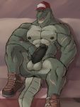  anthro anus baseball_cap black_penis boots clothed clothing crocodile crocodilian crocodylid eye_scar footwear ghangaji hat hi_res humanoid_penis male mostly_nude muscular muscular_male nipples open_mouth penis perineum precum reclining reptile scalie scar solo vein veiny_penis 