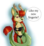  2019 anthro antlers big_breasts bra breasts clothed clothing dialogue digital_media_(artwork) dragon eastern_dragon english_text female green_scales hair half-closed_eyes hands_behind_back horn kendratheshinyeevee lingerie long_hair looking_at_viewer mei_ling_(kendratheshinyeevee) navel panties red_eyes red_hair reptile scales scalie simple_background smile solo standing teeth text underwear whiskers 