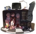  3girls ahoge bangs binder black_footwear blue_eyes blue_skirt blush book brown_eyes brown_footwear brown_hair chair checkered checkered_floor collar collared_shirt commentary desk desk_lamp grey_eyes grey_hair grey_hoodie hairband highres holding holding_book hood hood_down hoodie hoshi_shouko idolmaster idolmaster_cinderella_girls kneehighs lamp light_brown_hair long_sleeves looking_at_viewer looking_down monitor morikubo_nono mouse_(computer) multiple_girls no_shoes office_chair on_floor pink_legwear pink_shirt pleated_skirt polka_dot polka_dot_legwear reading red_hairband sakuma_mayu shade shirt sitting skirt socks suspender_skirt suspenders tile_floor tiles trash_can under_table white_background white_collar white_legwear yellow_legwear yoyoyo_(dxayo) 