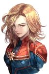  1girl blonde_hair breasts captain_marvel carol_danvers hankuri long_hair marvel simple_background smile solo upper_body white_background yellow_eyes 