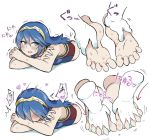  1girl barefoot between_toes blue_eyes blue_hair blush crazy_hand feet fire_emblem fire_emblem:_kakusei fire_emblem_heroes foot_massage hands_on_feet lucina master_hand nintendo shaking soles super_smash_bros. sweat tagme toes translation_request white-stew white_stew 