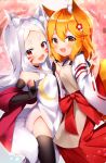  2girls :d animal_ear_fluff animal_ears artist_name bare_shoulders black_gloves blonde_hair blush elbow_gloves fang flower fox_ears fox_girl fox_tail gloves hair_flower hair_ornament highres japanese_clothes long_hair looking_at_viewer multiple_girls open_mouth pose red_eyes senko_(sewayaki_kitsune_no_senko-san) sewayaki_kitsune_no_senko-san shiro_(sewayaki_kitsune_no_senko-san) shouu-kun smile tail twitter_username watermark whisker_markings white_hair wide_sleeves yellow_eyes 