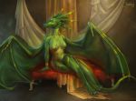  2018 anthro breasts claws clothed clothing curtains dragon female lenora_(specter01) membranous_wings navel nipples non-mammal_breasts profile scalie shamerli sitting skimpy solo toe_claws wings 