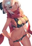  1girl adjusting_clothes adjusting_swimsuit aguy bikini black_ribbon blush breasts cleavage commentary_request dark_skin fate/grand_order fate_(series) hair_ornament hair_ribbon large_breasts navel okita_souji_(alter)_(fate) okita_souji_(fate)_(all) open_mouth red_scarf ribbon scarf short_hair solo swimsuit white_background white_hair 