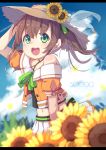  1girl absurdres arm_up blurry blurry_background blush brown_hair cloud collarbone flower grass green_eyes hair_between_eyes hair_flower hair_ornament hat highres hololive looking_at_viewer medium_hair midriff natsuiro_matsuri navel number okota_mikan open_mouth sky solo straw_hat sunflower sunflower_hair_ornament virtual_youtuber 