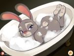  2019 3_toes 4:3 anthro bathtub bedroom_eyes blush bubble_bath butt countershade_feet countershading digital_media_(artwork) dipstick_ears disney female fur furboz grey_fur half-closed_eyes high-angle_view judy_hopps lagomorph leporid looking_at_viewer lying mammal multicolored_fur nude on_front partially_submerged pose purple_eyes rabbit seductive simple_background smile solo toes two_tone_fur zootopia 