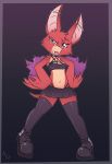  2019 anthro big_ears breasts chip_&#039;n_dale_rescue_rangers chiropteran clothed clothing digital_media_(artwork) disney ear_piercing fangs female foxglove_(cdrr) fuf fur hands_on_hip legwear looking_at_viewer mammal midriff navel piercing pose purple_eyes red_fur simple_background skimpy skirt solo standing thigh_highs thong tongue tongue_out 