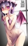  1girl artist_name bangs bare_legs bare_shoulders bat_wings blush closed_mouth collarbone cowboy_shot erect_nipples eyebrows_visible_through_hair flat_chest hand_on_own_chest hat highres indoors leaning_forward looking_at_viewer mob_cap namamo_nanase navel pink_eyes pink_headwear pink_wings purple_hair qr_code remilia_scarlet see-through shaded_face short_hair solo touhou window wings 
