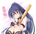  1girl baseball_bat baseball_jersey black_gloves black_legwear blush crossed_arms dated fingerless_gloves gloves hachigatsu_no_cinderella_nine high_ponytail icesherbet kneehighs long_hair looking_at_viewer pouch red_eyes shinonome_ryo simple_background sitting smile solo very_long_hair 