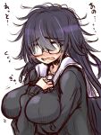  1girl blush breasts embarrassed esoragoto glasses hair_over_eyes jimiko large_breasts long_hair looking_at_viewer messy_hair opaque_glasses open_mouth original purple_hair sailor_collar school_uniform serafuku simple_background sketch solo white_background 