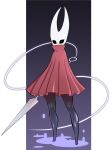  1girl black_skin cloak covered_mouth eye_socket highres holding holding_weapon hollow_knight hornet_(hollow_knight) horns nisetanaka no_feet red_cloak solo standing string weapon wide_hips 