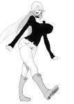  1girl absurdres belt boots breasts doctor_masube eyes_closed fangs full_body greyscale hair_over_one_eye highres huge_breasts long_hair lucretia_(doctor_masube) monochrome original pants ribbed_sweater solo sweater 