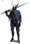  1other armor black_armor blue_cloak chainmail cloak commentary english_commentary eye_socket full_armor gauntlets helmet highres holding holding_weapon hollow_knight horned_helmet humanization knight_(hollow_knight) nisetanaka over_shoulder realistic solo sword torn_cloak torn_clothes weapon weapon_over_shoulder white_background 