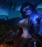  2019 5_fingers anthro blue_eyes blue_hair breasts clothed clothing detailed_background digital_media_(artwork) female fish gun hair hi_res holding_object holding_weapon marine midriff navel night outside ranged_weapon shark solo standing weapon wide_hips xaenyth 