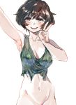  1girl akiyama_yukari arm_up armpit_crease armpits bangs bare_arms bare_shoulders blush bob_cut bottomless bow_(bhp) breasts brown_eyes brown_hair cleavage cleft_of_venus collarbone crop_top girls_und_panzer green_tank_top groin half-closed_eyes hand_up hip_bones large_breasts looking_at_viewer midriff mons_pubis navel no_bra outstretched_arm pussy reaching_out self_shot short_hair simple_background sketch sleeveless smile solo standing stomach sweatdrop tank_top torn_clothes torn_tank_top uncensored v white_background 