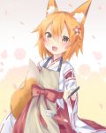  1girl :d animal_ear_fluff animal_ears apron bangs blush brown_apron brown_eyes commentary_request eyebrows_visible_through_hair fang flower fox_ears fox_girl fox_tail hair_between_eyes hair_flower hair_ornament highres japanese_clothes kimono ladle long_sleeves looking_at_viewer open_mouth orange_hair red_flower red_hair ribbon-trimmed_sleeves ribbon_trim senko_(sewayaki_kitsune_no_senko-san) sewayaki_kitsune_no_senko-san smile solo tail tail_raised usagimiko white_kimono wide_sleeves 