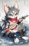  anthro balls countershading cub fur grey_fur hi_res humanoid_penis kiyosan_(artist) looking_at_viewer male melee_weapon nipples penis puddle raining scarf sitting solo sword unknown_species weapon white_countershading young 