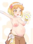  1girl akai_(riaakai) areolae armpits blonde_hair blush breasts collarbone endro! eyebrows eyebrows_visible_through_hair fai_fai flower gloves groin hair_flower hair_ornament hairband large_breasts navel nipples open_mouth paw_gloves paws pregnant sagging_breasts shiny shiny_hair shiny_skin short_hair simple_background solo topless two-tone_background white_background yellow_eyes 