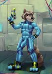  2019 3_toes 4_fingers anthro archiblender athletic balls biped black_nose bodysuit brown_fur bulge claws clothed clothing erection fangs feet finger_claws fluffy fluffy_tail front_view full_body fully_clothed fur guardians_of_the_galaxy gun looking_at_viewer male mammal marvel metroid muscular muscular_male navel nintendo penis penis_outline plantigrade pose procyonid raccoon ranged_weapon red_eyes rocket_raccoon skinsuit smile snout solo standing teeth tight_clothing toe_claws toes video_games weapon zero_suit 