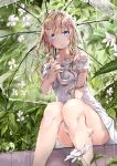  1girl absurdres artist_name bangs bare_legs bare_shoulders blonde_hair blue_eyes blurry convenient_leg dated depth_of_field dress feet_out_of_frame flower glint highres hmw_(pixiv7054584) holding holding_umbrella leaf long_hair looking_at_viewer nail_polish nature original parted_lips pink_nails plant rain sitting solo thighs transparent transparent_umbrella umbrella water water_drop white_dress white_flower 