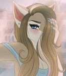  anthro blue_eyes breasts brown_hair canid canine canis cleavage clothed clothing colored_nails dress ear_piercing ear_ring ei-ka female gradiewoof hair hair_over_eye mammal piercing solo wolf yellow_sclera 