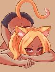  1girl absurdres animal_ears ass blonde_hair blush cat_ears cat_girl cat_tail dark_skin gravity_daze gravity_daze_2 highres kitten_(gravity_daze) looking_at_viewer red_eyes scruffyturtles shirt shorts simple_background smile solo tail 