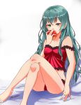  1girl apple aqua_eyes aqua_hair bed_sheet breasts collarbone eriizane eyebrows_visible_through_hair food frilled_panties frilled_shirt frills fruit hatsune_miku highres holding holding_food holding_fruit legs_crossed long_hair off_shoulder panties pillow red_panties red_shirt romeo_to_cinderella_(vocaloid) shiny shiny_hair shirt simple_background sitting sleeveless sleeveless_shirt small_breasts solo twitter_username underwear very_long_hair vocaloid white_background 