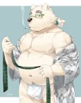  2019 anthro belly blue_eyes blush bulge clothing eyewear fundoshi fur glasses humanoid_hands japanese_clothing leib_(tas) male mammal navel nikiciy overweight overweight_male polar_bear robe simple_background smoking solo tokyo_afterschool_summoners underwear ursid ursine video_games white_fur 