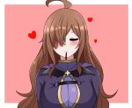  1girl ahoge blush breasts brown_hair dress eyes_closed food heart kono_subarashii_sekai_ni_shukufuku_wo! large_breasts long_hair pocky pocky_kiss purple_dress shared_food simple_background solo the_only_shoe upper_body wiz_(konosuba) 