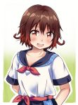  1girl :d alternate_costume arms_behind_back blue_skirt blush border breasts brown_eyes brown_hair collarbone eyebrows_visible_through_hair gradient_hair green_background highres kantai_collection looking_at_viewer multicolored_hair mutsuki_(kantai_collection) neckerchief open_mouth red_neckwear sailor_collar sailor_shirt sash shirt short_hair short_sleeves skirt small_breasts smile solo tsukemon upper_body white_border white_shirt 