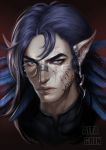  2018 altagrin black_hair blue_eyes concept_art d&aelig;mon digital_media_(artwork) feathers gradient_background hair hi_res humanoid long_hair male mammal markings pointy_ears simple_background solo 