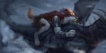  2019 anthro blue_eyes brown_fur canid canine canis conditional_dnp detailed_background digital_media_(artwork) domestic_dog dragon fur horn latex_(artist) mammal membranous_wings scalie spines western_dragon wings 