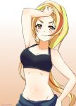  1girl arm_up black_bra blonde_hair blush bra breasts brown_eyes cleavage collarbone eriizane floating_hair grin groin hand_in_hair hand_on_hip long_hair looking_at_viewer medium_breasts midriff navel nikaidou_saki ponytail simple_background sketch smile solo sports_bra standing stomach twitter_username underwear very_long_hair white_background zombie_land_saga 