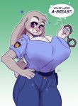  &lt;3 2019 absurd_res anthro big_breasts blush breasts cleavage clothed clothing digital_media_(artwork) disney female fully_clothed fur geeflakes handcuffs hi_res huge_breasts judy_hopps lagomorph leporid looking_at_viewer mammal police police_uniform rabbit shackles simple_background solo text uniform voluptuous zootopia 
