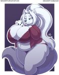  2019 anthro belly big_breasts big_butt breasts butt canid canine canis clothed clothing deep_navel digital_media_(artwork) female fur hair half-closed_eyes hand_on_breast huge_breasts krystal_(k9wolf) lingerie mammal navel nekocrispy overweight overweight_female plushie smile solo thick_thighs voluptuous white_fur white_hair wide_hips wolf 