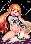  black_background bottomless bukkake cephalopod clothed clothing cum cum_everywhere cum_in_pussy cum_inside female inkling looking_at_viewer marine messy mollusk navel nintendo orange_eyes partial_nudity pussy r_ex shirt simple_background solo splatoon tongue tongue_out topwear video_games 