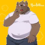  2019 anthro belly blush brown_fur clothed clothing fur green_bell humanoid_hands inakamichi japanese_text male mammal navel overweight overweight_male pants shirt simple_background solo text topwear ursid yellow_background 